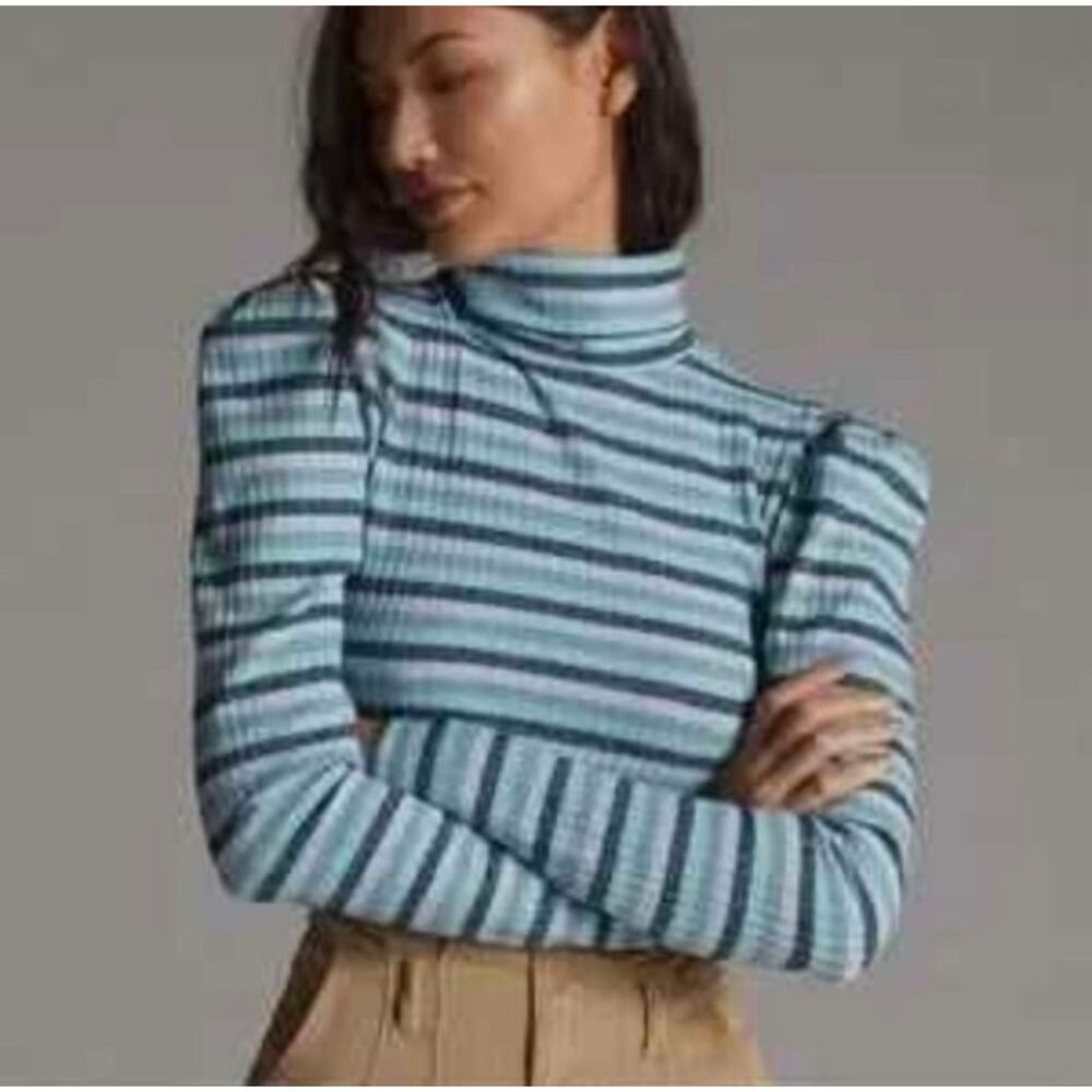 Anthropologie Maeve Puff-Sleeve Striped Turtleneck Top Medium